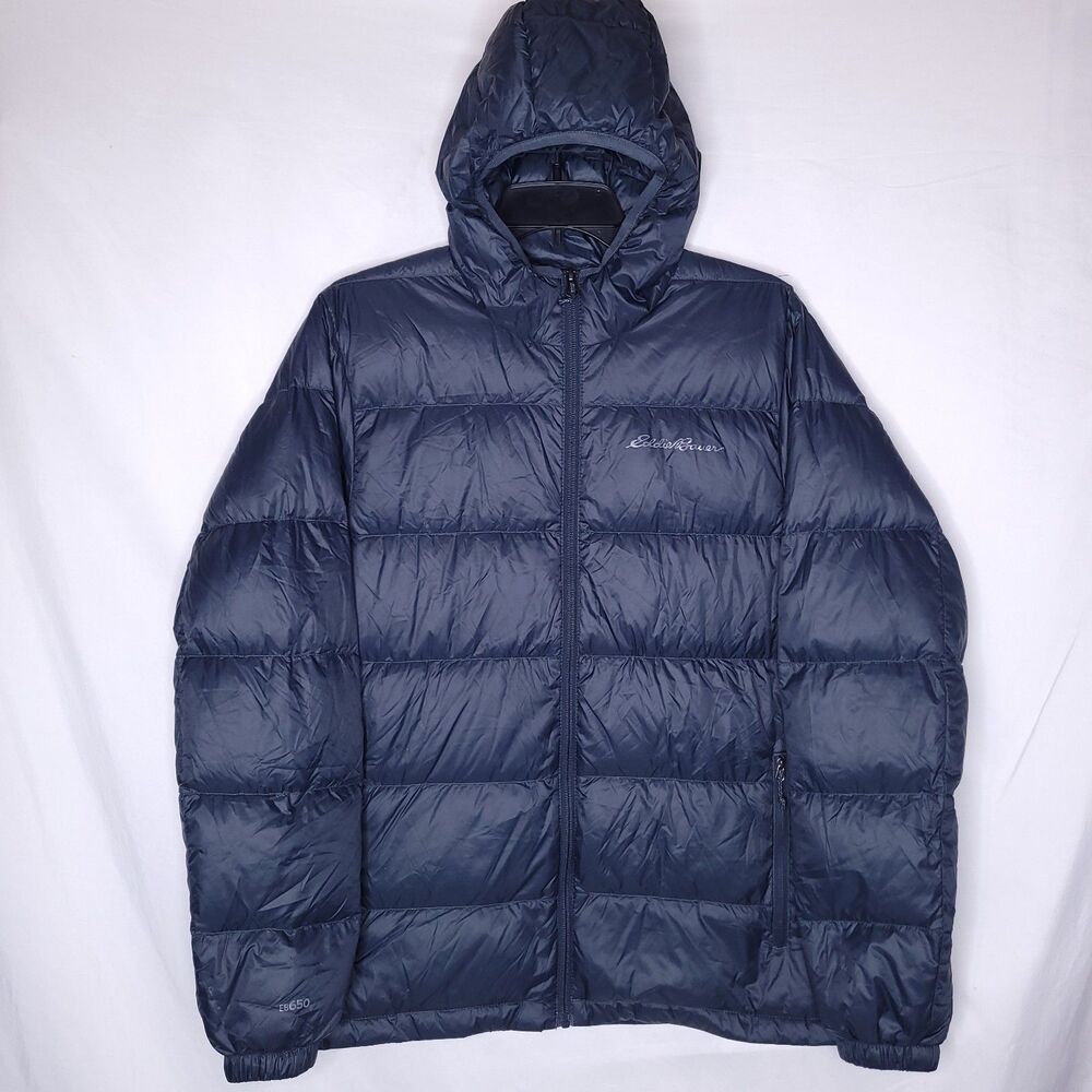 Eddie Bauer Jacket Mens Medium Blue Wide Channel Hooded Down Puffer EB650